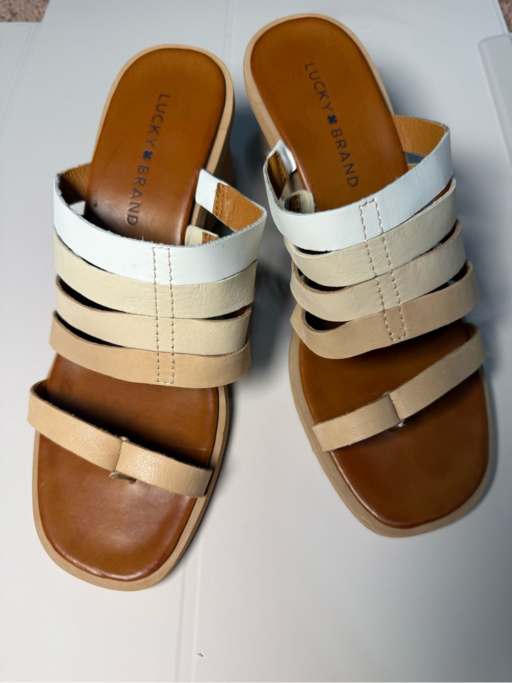 Lucky Brand Beige & White Multi-Strap Block Heel Mules